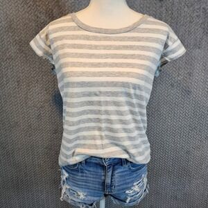 Gap Womens Grey White Striped Scoop Neck Cap Sleeve Cotton Modal T-Shirt Size M